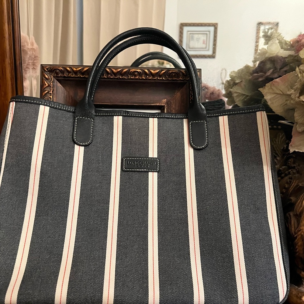 Longchamp Denim Canvas Tote with Cream and Red Stripes